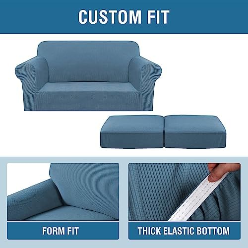 H.VERSAILTEX 3 Piece Stretch Sofa Covers for 2 Cushion Loveseat Couch Covers for Living Room Sofa Slipcovers (Base Cover Plus 2 Seat Cushion Covers) Thicker Jacquard Fabric(Medium Sofa, Dusty Blue) - Image 4