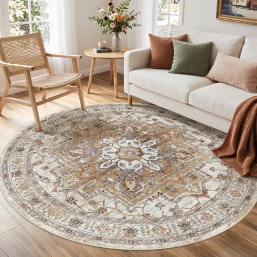 Madane Washable 6ft Circle Round Rug, 6x6 Circular Area Rugs, Turmeric/Grey by Madane