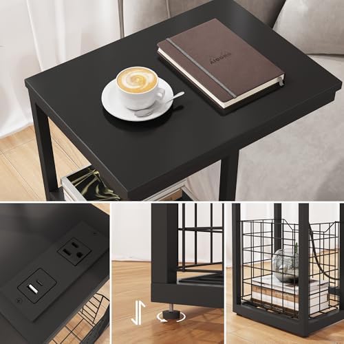 Vagusicc C Shaped End Table with Charging Station, Side Table for Couch, Small Side End Table for Small Spaces, 28" High Slide Under Sofa Table for Coffee, Tv Tray Table for Living Room, Black - Image 4
