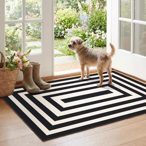 Modern Outdoor Rug - 28" x 43" Front Door Mat Indoor Outside Entrance Non-Slip Washable Outdoor Mat Black White Geometric Rug for Entryway Kitchen Bedroom Layered Doormat for Front Porch by Othilic