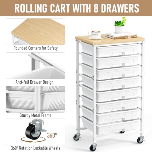 caktraie 8-Drawers Rolling Cart, Craft Storage Utility Cart, White layer - Image 4