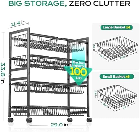 Cinati 4-Tier Snack Cart with Wheels, 29''W Toy Storage Organizer, Rolling Pantry Storage Cart with 10 Wire Baskets & Handle,Adjustable Metal Snack Rack, Kitchen Organizer for Fruit, Vegetables(Black) - Image 3