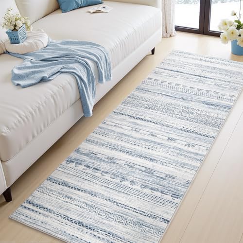 2x8 Runner Rug Machine Washable Non Slip Area Rug Distressed Neutral Moroccan Boho Rug Ultra Soft Floor Runners for Hallways for Entryway Laundry Room Kitchen, Blue - Image 3