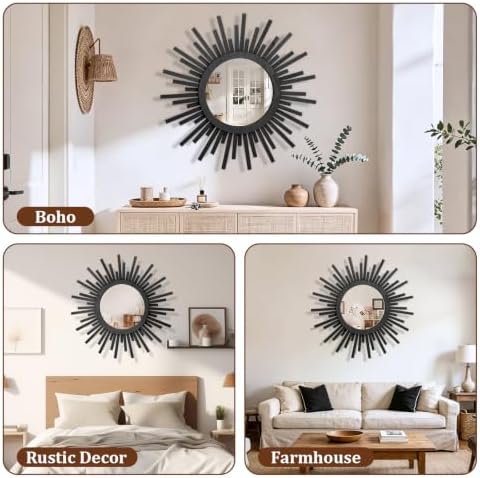 24 Inch Boho Sunburst Mirror, Round Wooden Wall Decor Starburst Sun Mirror for Bedroom, Living Room, Bathroom, Hallway, Balcony, Farmhouse Entryway, Housewarming Gift（Black - Image 7
