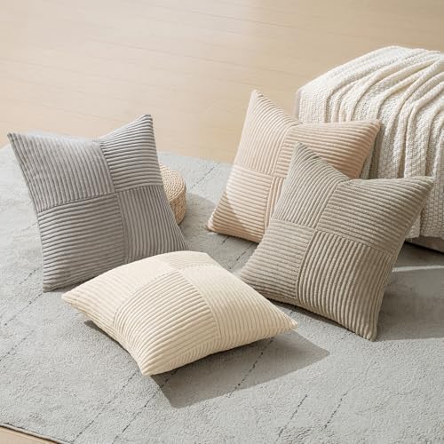 MIULEE Neutral Decorative Throw Pillow Covers 16x16 Inch Set of 4 for Livingroom Couch Sofa Modern Farmhouse Soft Corduroy Cushion Cases Striped Patchwork Home Decor (Cream,Grey) - Image 6