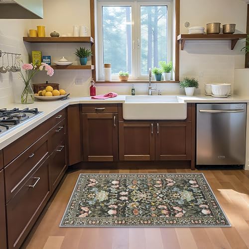 Washable 4x6 Bedroom Rug for Family: Non-Slip Floral Small Carpet for Living Room Kitchen Boho Low Pile Doormat for Entryway Soft Floor Mat for Nursery College Dorm Essentials for Girls(4x6,Green) by HYHAOYUNLAI