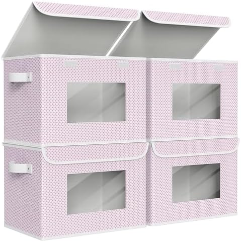 Univivi Fabric Foldable Storage Boxes with Lids, 4 Pack, Pink by Univivi