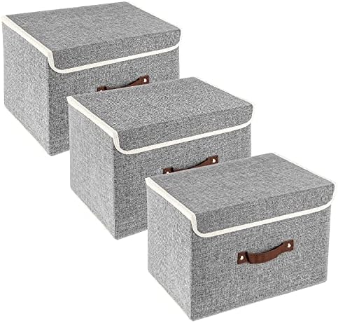 TYEERS Collapsible Storage Boxes, Washable Fabric Storage Bins with Lids, 14.9x9.8x9.8 inches, 3 Pack, Gray by StorageOrganization