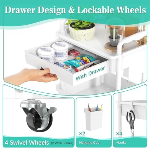 SUNALLY 3 Tier Rolling Cart with Drawer, Craft Storage Cart Organizer,White - Image 3