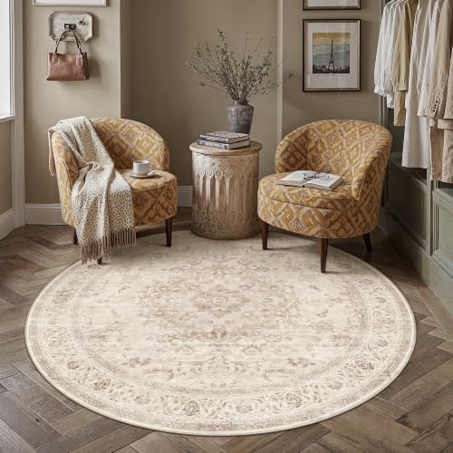 6R Beige Washable Round Rug Non Slip Vintage Carpet - Image 3