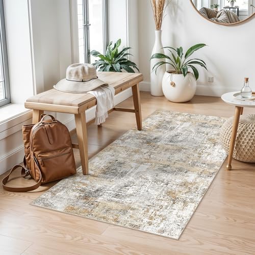 2x4 Modern Entryway Area Rug - Machine Washable Non-Skid Low Pile Indoor Mat for Bathroom,Living Room, Bedroom - Abstract Neutral Small Throw Soft Carpet with Rubber Backing (Gold Grey) by ZHXXUJ