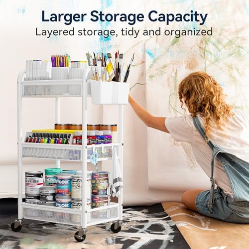 YASONIC 3 Tier Metal Rolling Cart, White Utility Storage Cart with Wheels - Image 5
