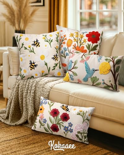 Embroidered Throw Pillow Cover 20x20 Inch, Flower Bee - Image 6