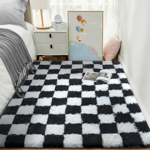 Ophanie Checkered Black & White Rug for Living Room Bedroom,Fluffy Soft Cute Fuzzy Area Rugs,Shag Plush Shaggy Bedside Floor 4x6 Furry Carpet Kids Baby Teen Dorm Decor with Over 99 pcs Pile fibers - Image 2
