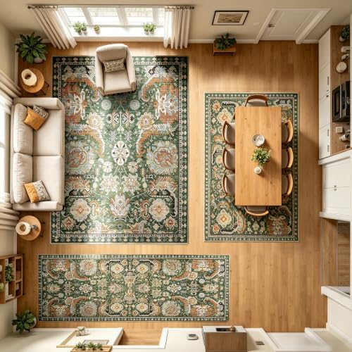 RUGSURE Washable Area Rugs - Perfect for Living Room, Bedroom, Kids Room, Nursery - Stain & Water Resistant Non-Slip, Pet & Child Friendly, Vintage Tribal Area Rugs (Green, 9' x 12') - Image 5