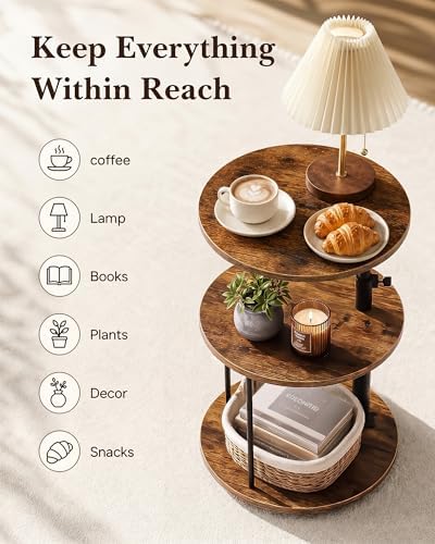 Faesun Swivel Round Table for Couch Arm, Height Adjustable C Shaped End Table for Recliner or Bed, Tv Trays with Storage Shelf for Small Spaces- Small Nightstand for Living Room, Bedroom, Rustic - Image 2