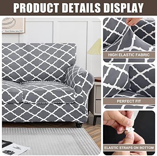 SearchI Stretch Sofa Cover Printed Couch Cover, Floral Pattern 4 Pieces Sofa Slipcover with 3 Separate Cushion Cover, Washable Furniture Protector for Living Room(Sofa, Gray+White) - Image 5