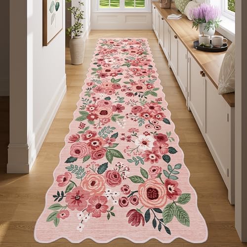 DUKINO 2x8 Washable Runner Rug, Floral Non Slip Kitchen Runner Rug, Pink - Image 4