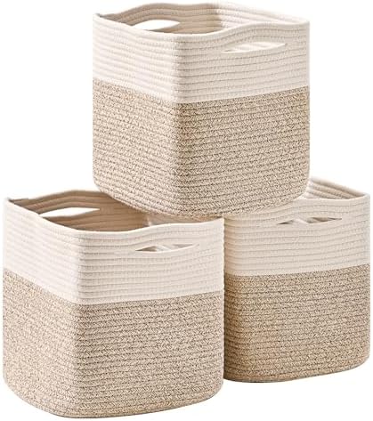 ICERZCZ 11 Inch Cube Storage Bins, Organizer Woven Cotton Rope Square Baskets for Organizing Shelves, Toys, Nursery, Off White & Brown (Pack of 3) by ICERZCZ