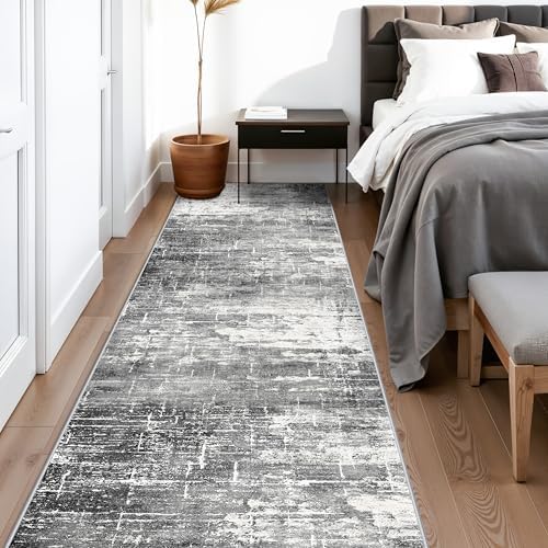 Abstract 14ft Long Runner Rug: Non-Slip Washable Rug Runner Low-Pile Soft Beside Carpet Indoor Farmhouse Entryway Floor Mat Bathroom Living Room Cozy Stain Resistant Area Rugs(2'6x14,Black/Grey) - Image 2