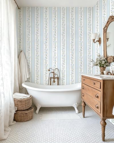 Safiyya Peel and Stick Wallpaper Stripe Floral Wall Paper Removable Blue White Green Contact Paper 17.7''x78.7'' Waterproof Self Adhesive Vinyl Boho Wallpaper for Bedroom Living Room Decor - Image 6