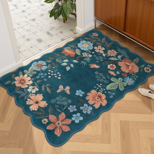 Lahome Floral Washable Entryway Rug, 2X3 Soft Kitchen Rugs Non-Slip Blue by Lahome
