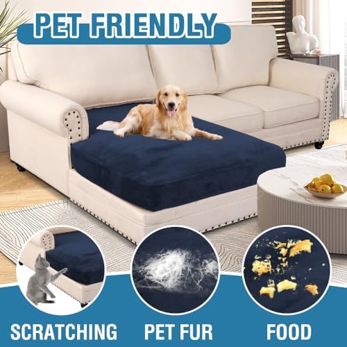 H.VERSAILTEX Velvet Stretch Individual Chaise Cover Sectional Couch Covers for L Shaped Sofa Both Left/Right Furniture Protector Seat Cushion Sofa Cover (1 Piece Chaise Cover, Navy) - Image 3