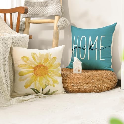 AVOIN colorlife Home Sweet Home Spring Summer Flowers Yellow Throw Pillow Covers, 16 x 16 Inch Blue Cushion Case for Sofa Couch Set of 4 - Image 5