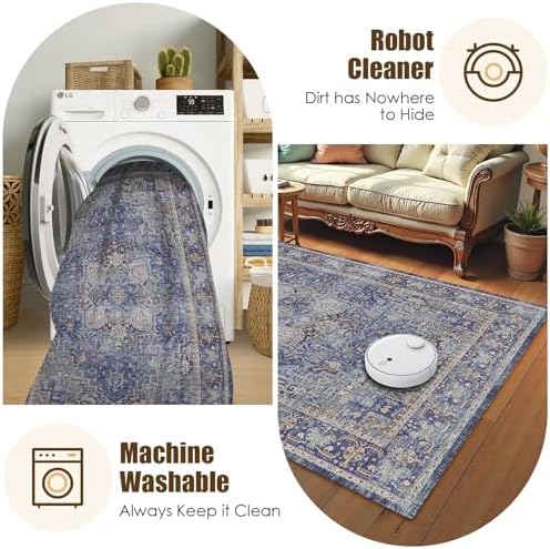 Washable Area Rug 3' x 5 ' Vintage Traditional Persian Mat - Foldable Distressed Non-Slip Machine Washable Carpet for Living Room Bedroom Kitchen Home Decor - Indigo and Gold - Image 7