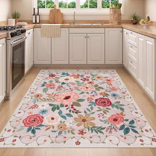 DUKINO 4x5 Area Rug for Entryway, Soft Floral Washable Rug Non Slip, Beige - Image 4