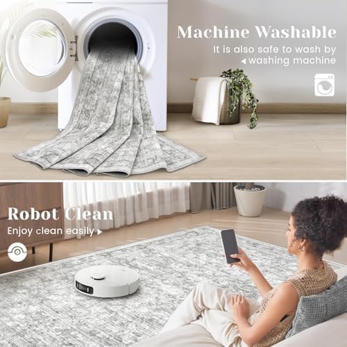 9x12 Area Rugs for Living Room: Washable Large Vintage Floral Rug Low Pile Non-Slip Boho Carpet for Bedroom Dining Home Office (Grey, 9'x12') - Image 2