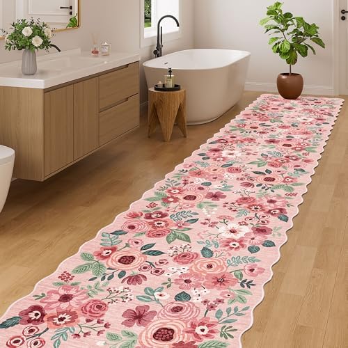 DUKINO 2.6x12 Washable Runner Rug, Floral Non Slip Long Kitchen Rug, Pink - Image 5