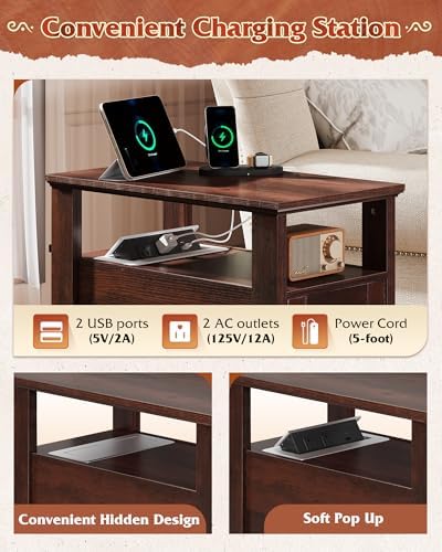 WLIVE Farmhouse End Table with Charging Station, Narrow Side Table with Storage, Small Nightstand with USB Ports and Outlets ，Bedside Cabine for Bedroom, Living Room,Espresso - Image 4