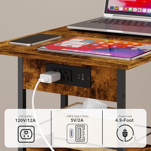 Rolling C-Shaped Side Table with Charging Station, Night Stand with Type-C & USB Port and Outlet for Bedroom, Spacious Coffee Table with Wheels for Living Room, Home Office, Small Space(Large Desktop) - Image 4