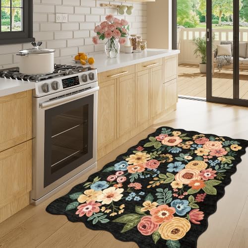 DUKINO 3x4 Rug, Non Slip Floral Washable Area Rug for Entryway, Black by DUKINO