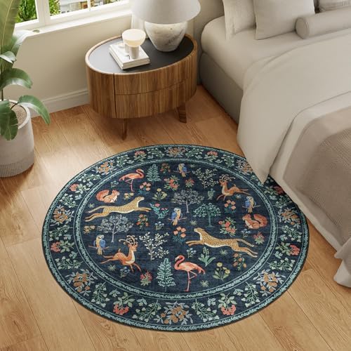 DUKINO 4ft Round Rug, Washable Animal Round Area Rug Non Slip, Navy Blue - Image 3