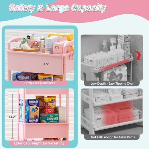 SUNALLY Baby Diaper Caddy Cart, 3 Tier Rolling Diaper Cart for Nursery,Pink - Image 3