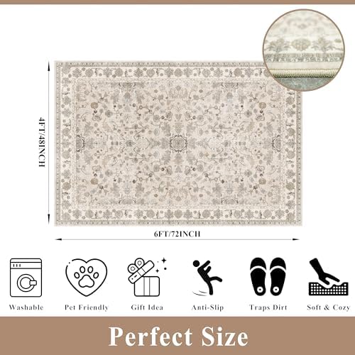 Washable 4x6 Kitchen Rug Non-Slip – Soft Stain-Resistant Low-Pile Indoor Floor Mat for Entryway Bedroom Living Room – Vintage Accent Area Rug (Beige, 4x6) - Image 2