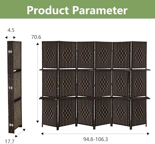 FDW | 6 Panel Folding Room Divider with Shelves | 5.9ft, Dark Brown - Image 7