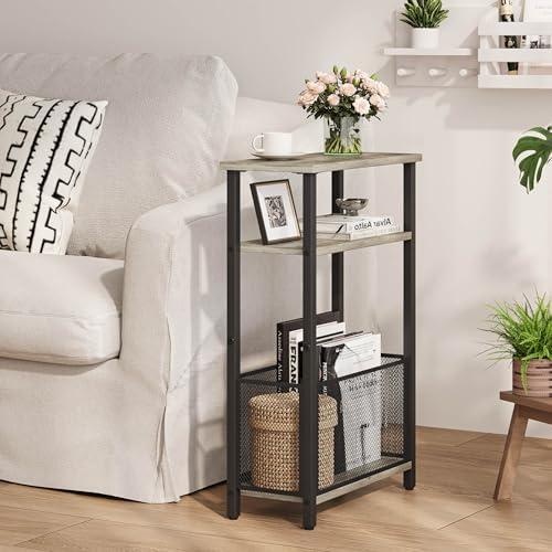 MMEOLUOOK Narrow Side Table with Storage Basket Skinny End Tables for Smalls Spaces 3 Tier Sofa Table Small Nightstand Slim Bedside Table for Living Room Bedroom Oak MLBZ22Q - Image 2