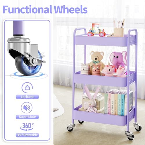 TOOLF 3 Tier Metal Rolling Cart, Utility Storage Cart with Wheels, Purple | Screwless Assembly, Lockable Metal Wheels, Trolley Organizer for Bathroom, Kitchen, Office, Dorm, Laundry, Craft Room - Image 5