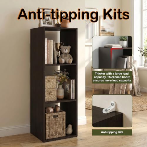 WannabeMyself【Sturdy Build&Easy Assembly】3 Cube Storage Organizer with Anti-Tipping Kits,Reversible Open Back Book Shelf, Bookcase for Living Room,Bedroom,Entrance Hall,Office,12.2×11.4×35.9,Chocolate - Image 5