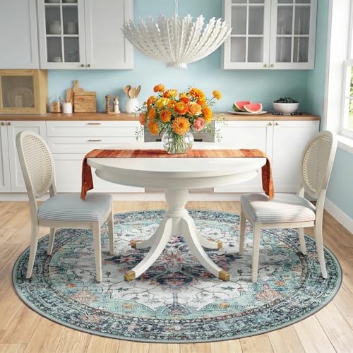 RELEANY Washable Area Rug, Round 6ft, Teal Green/White/Navy - Image 2