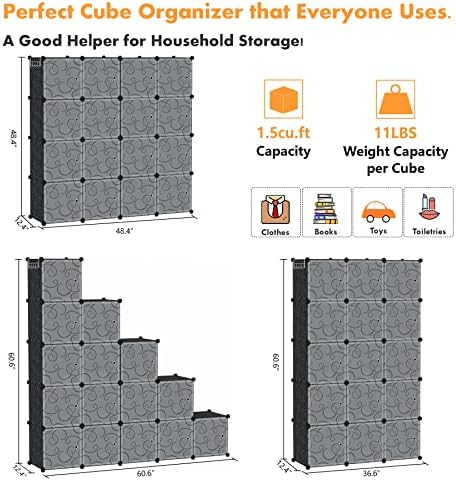 C&AHOME 16-Cube Storage Organizer with Door Platic Closet Organizer Black - Image 3