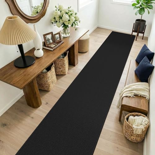 KOZYFLY Black 2x14 Runners Rugs for Hallway, Long Washable Runner Rug, Woven Non Slip Kitchen Runner, Flatweave Entryway Rug, Floor Carpet for Entry, Aisle, Hall, Black/Dark Grey - Image 2