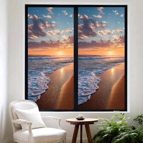Sunset Beach Window Privacy Film, Decorative Static Cling Window Cling Crystal Pattern, Removable No Glue Window Film 39.3 x 17.5 Inch for Bathroom Bedroom Glass Door - Image 2