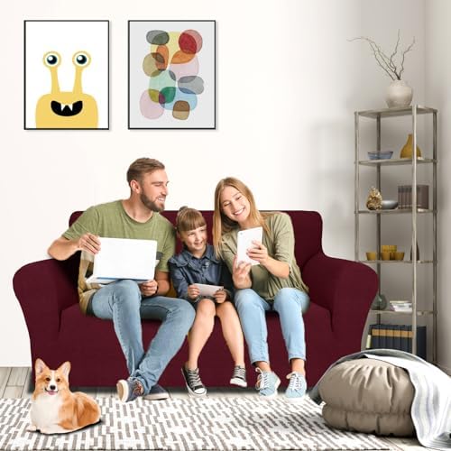 MAXIJIN Loveseat Cover Sofa Covers (55"-69"), 1-Piece Stretch Couch Covers for 2 Cushion Couch Love Seat Slipcover with Elastic Bottom for Kids,Dog (Loveseat, Diamond Pattern Wine Red) - Image 2