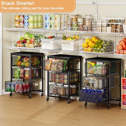 Pantry Organizer and Storage Cart, 3-Tier Kitchen Storage Cart with Drawer, Fruit Vegetable Storage Cart with Wheels, Wooden Top Metal Wire Kitchen Organizer Rack Stand for Food Snack Onion Potato - Image 4