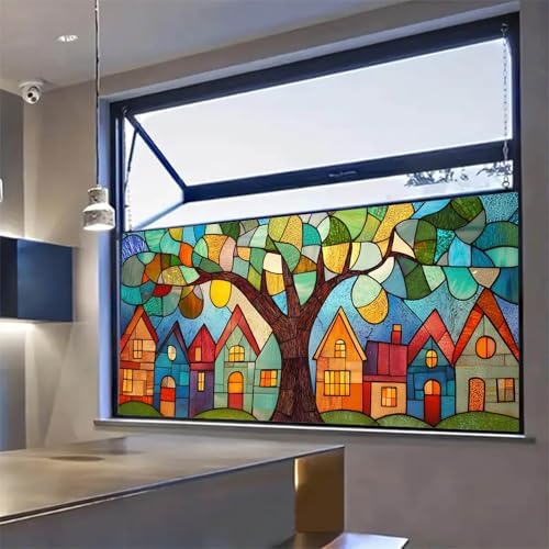 HOMETITUTE Colorful Village Houses Tree Window Cling 39.3x17.7 Inch PVC - Image 7