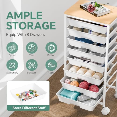 Ekisemio Rolling Cart with 8 Drawers, Storage Drawers Cart with Wooden Tabletop and Lockable Wheels, Utility Cart for Living Room, Office, Classroom, Craft Room, White - Image 4